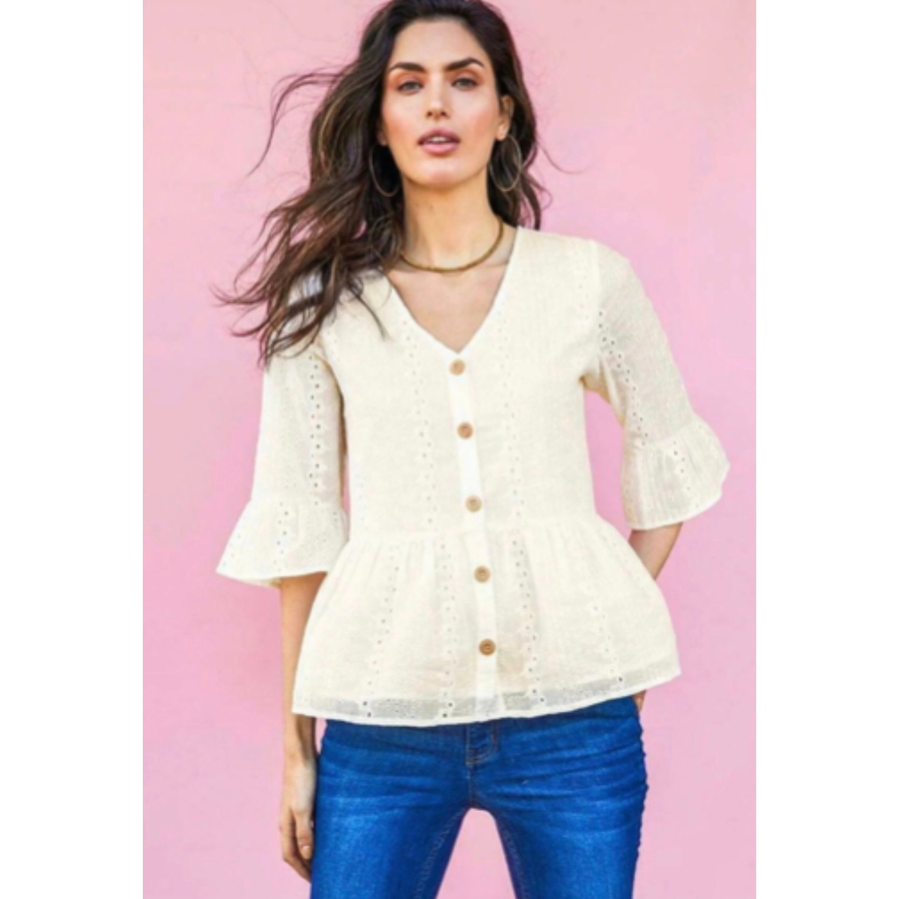 MATILDA JANE Cream Scallop 3/4 Sleeve Blouse